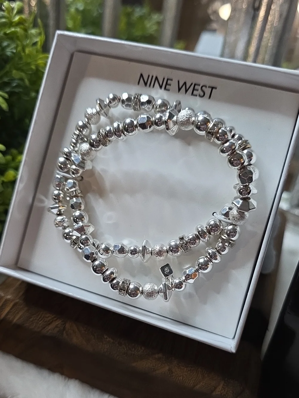 Nine West Silver-Tone Layered Beaded Stretch Bracelet Duo/w Bonus Necklace